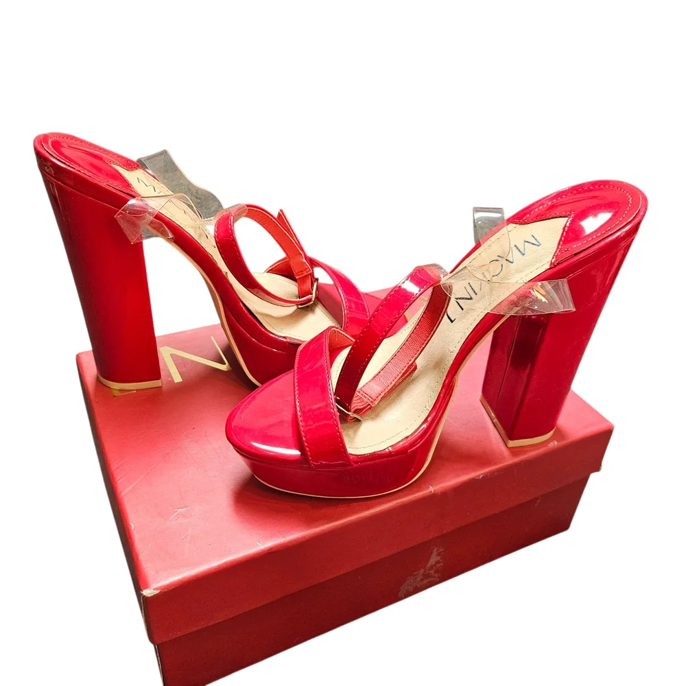 Mackin J Red Patent Open Toe Ankle Strapped Platform Chunky Heels Size 8